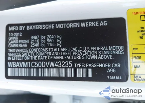 2013 BMW X1 Sdrive28I from USA, damaged, VIN WBAVM1C50DVW43235